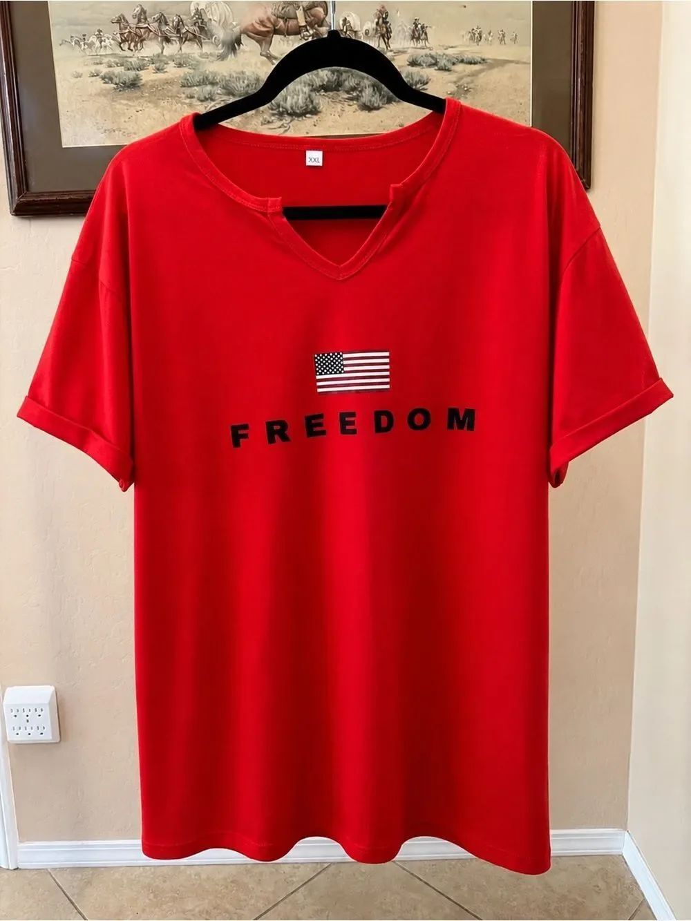 Charlie Kirk Freedom Flag Tee Women’s XXL Red Patriotic V-Neck Shirt NWOT